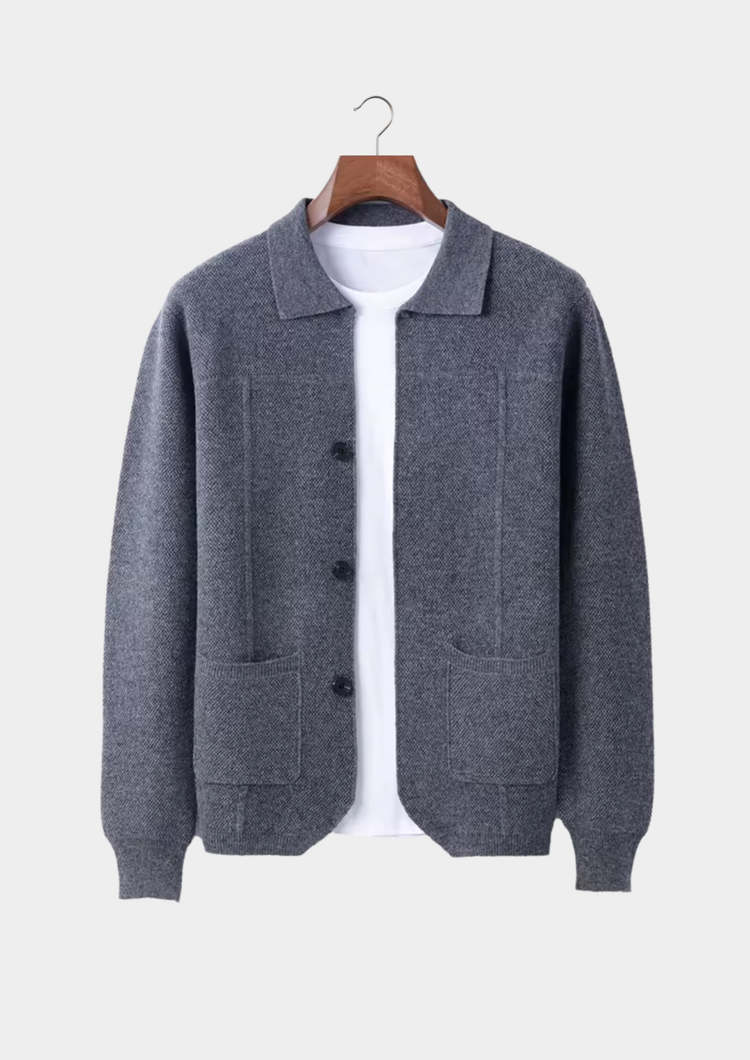 Men's collared button-up cardigan sweater, perfect for smart casual layering & effortless style.
