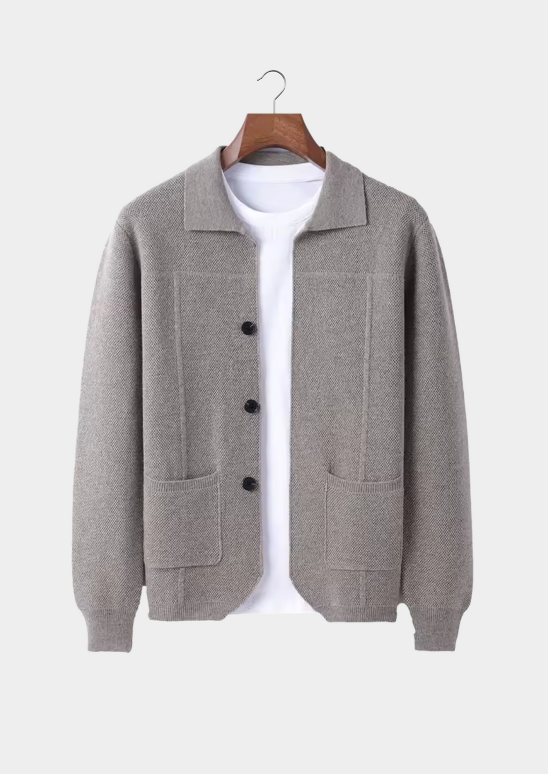 Versatile men's collared cardigan sweater with pockets, ideal for all-season casual & smart casual looks.