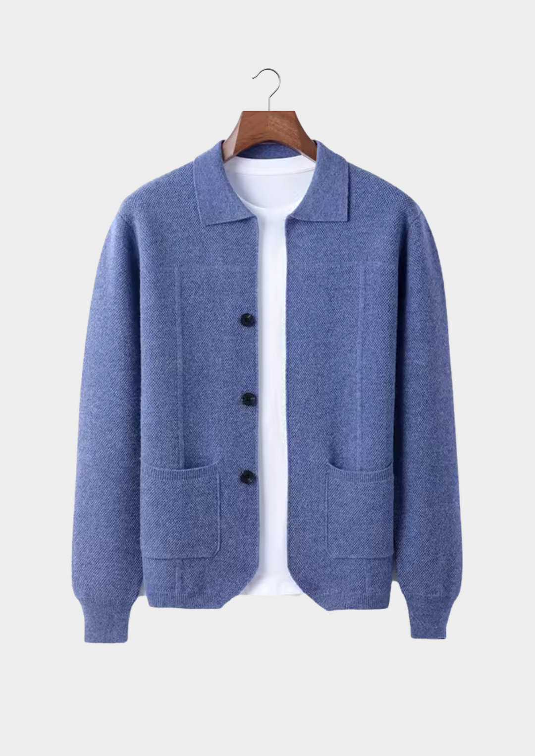 Relaxed fit men's collared cardigan sweater, a button-up perfect for smart casual and everyday layering.
