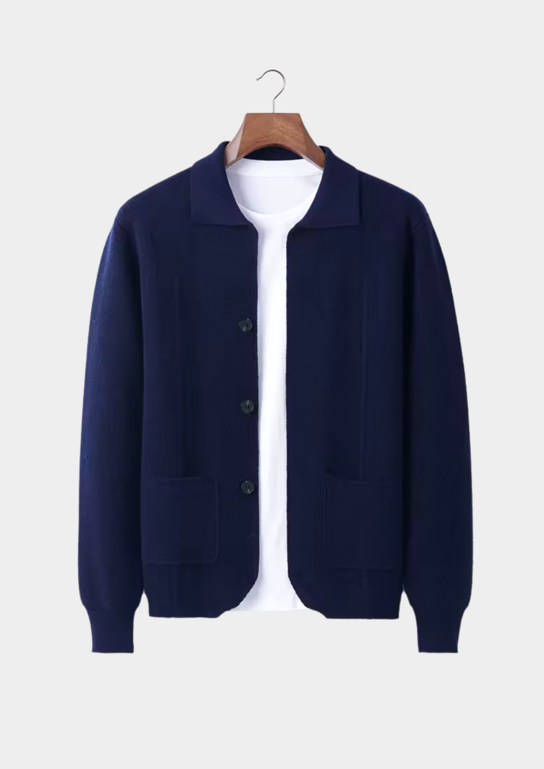 Versatile men's collared sweater cardigan, a button-up perfect for relaxed fit, all-season casual & smart casual.