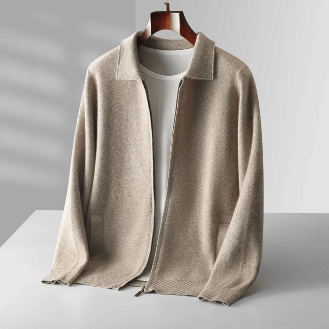 Men's collared zip-up knit cardigan in a classic style, perfect for smart casual layering.