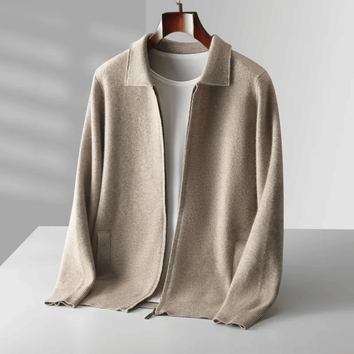 Men's collared zip-up knit cardigan in a classic style, perfect for smart casual layering.
