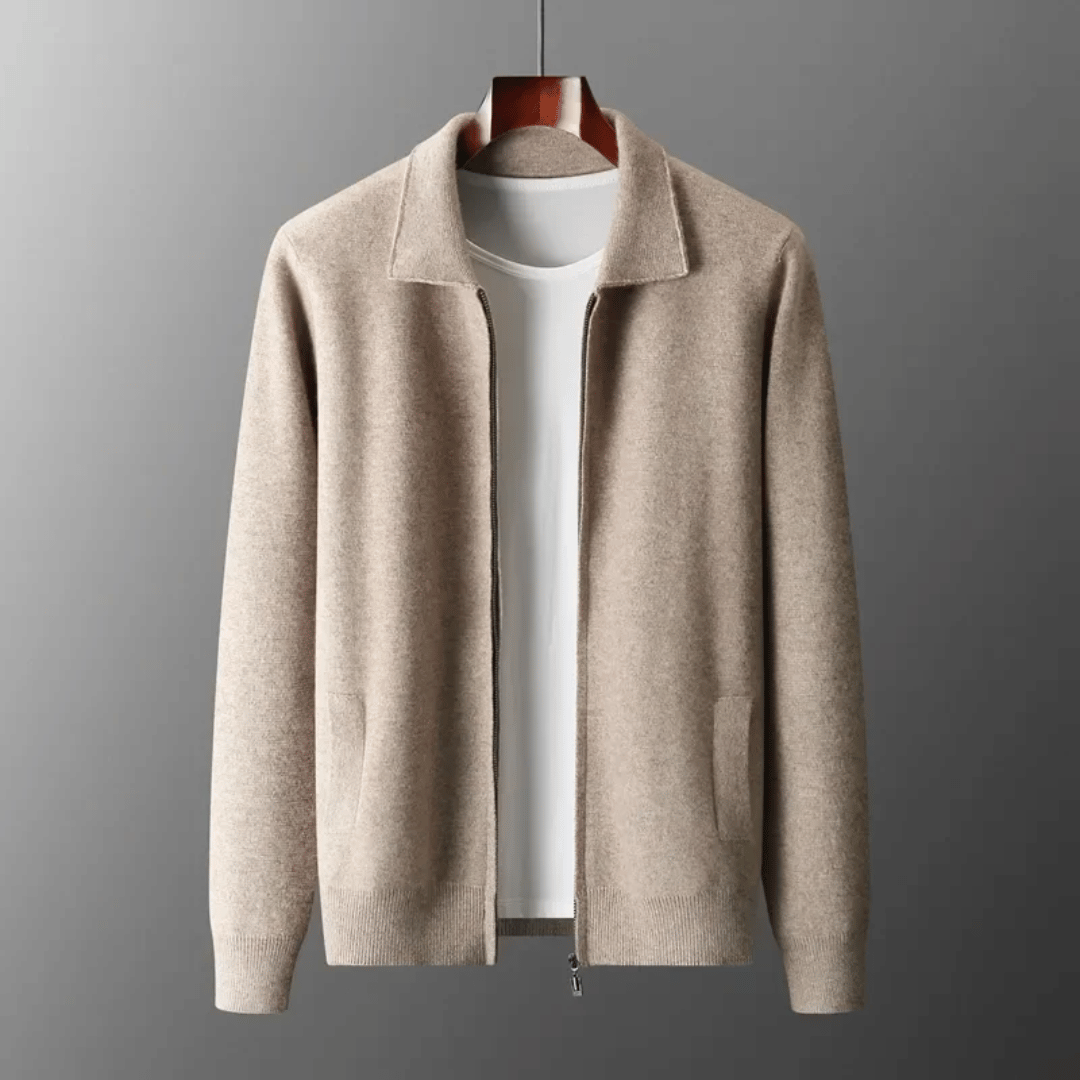 Stylish men's knit zip-up cardigan with a collar, ideal for versatile all-season smart casual fashion.