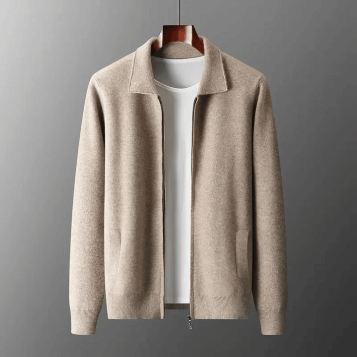 Stylish men's knit zip-up cardigan with a collar, ideal for versatile all-season smart casual fashion.