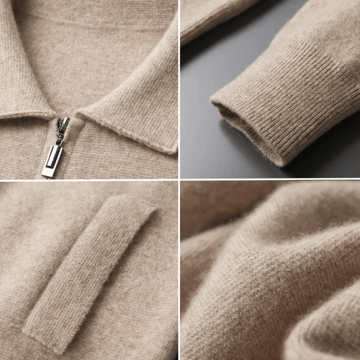 Versatile men's layering jacket: a knit, collared, zip-up cardigan suitable for smart casual outfits.