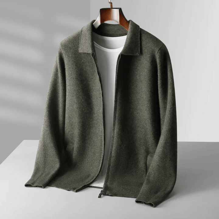 Men's all-season knit cardigan. This versatile collared zip-up jacket offers smart casual style & comfort.