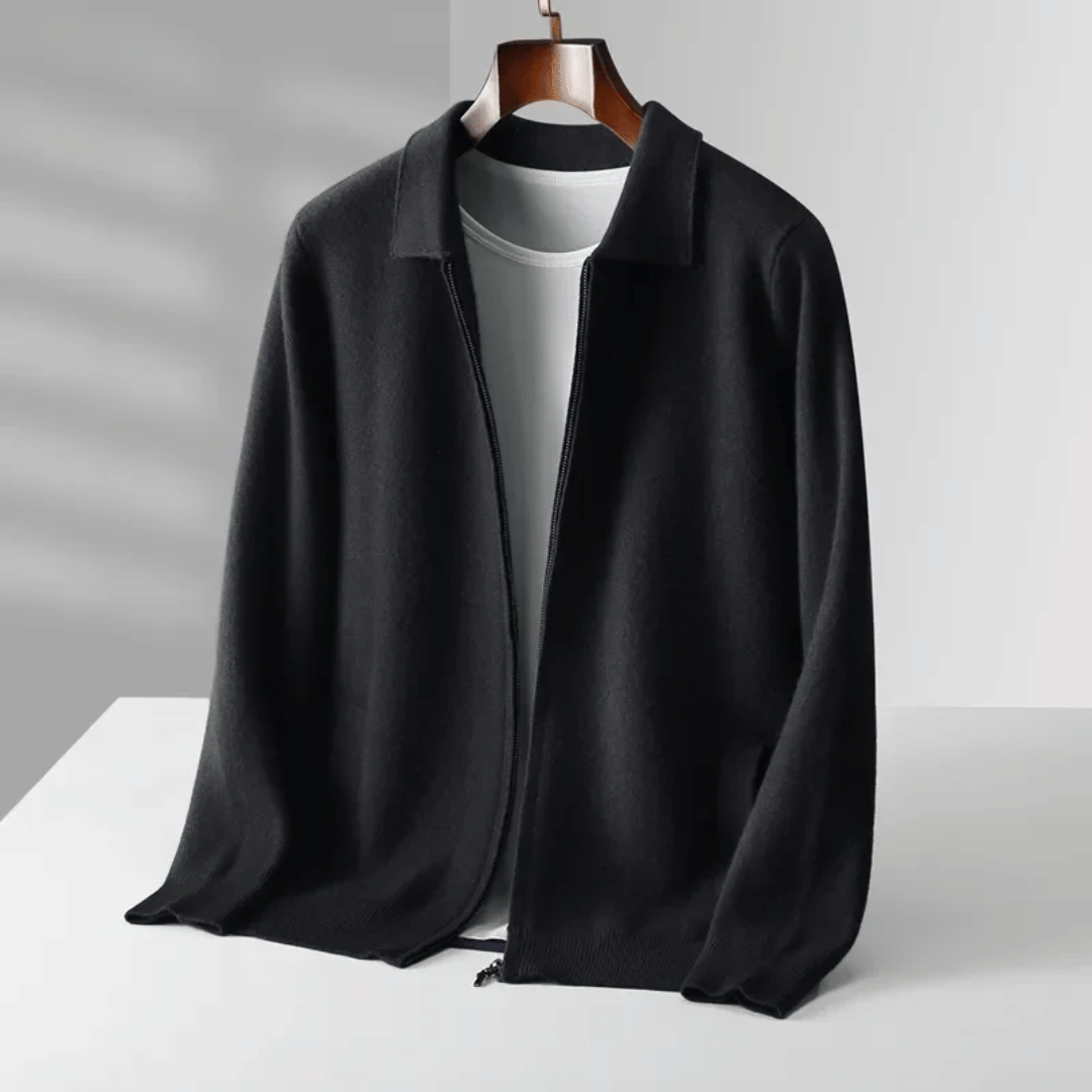 Dark colored men's zip-up knit cardigan with a collar, a smart and comfortable layering piece.