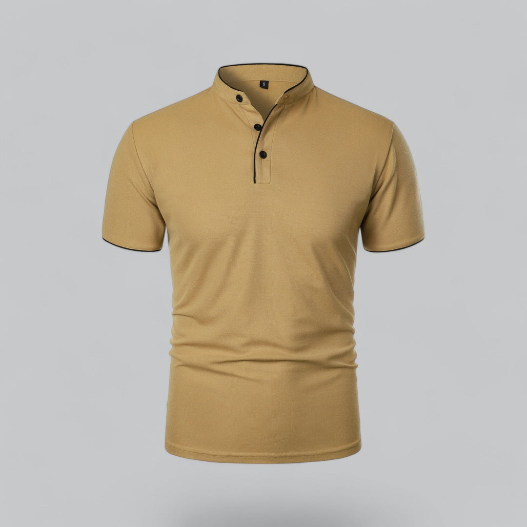 Men's collarless polo top with mandarin trim, a stylish short sleeve for casual wear.