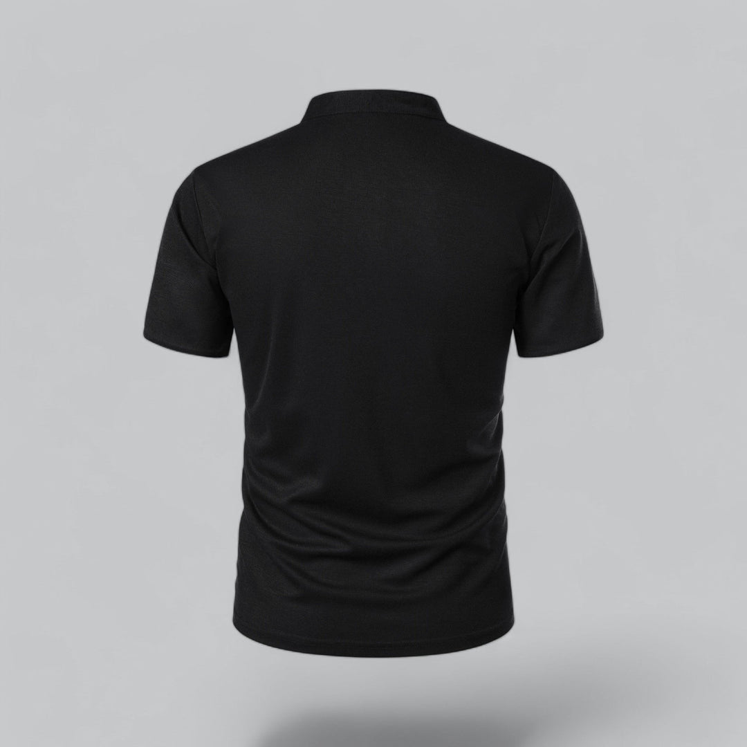 Lightweight men's collarless polo top, short sleeve, perfect for warm weather with mandarin trim.