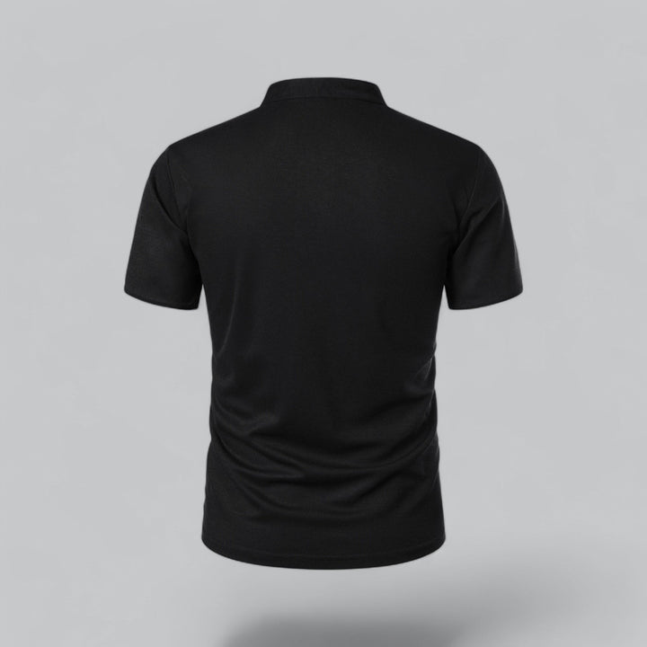 Lightweight men's collarless polo top, short sleeve, perfect for warm weather with mandarin trim.