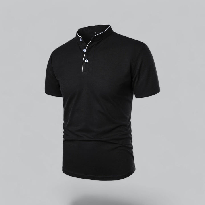 Breezy men's short sleeve polo, collarless, featuring a stylish mandarin trim for summer.