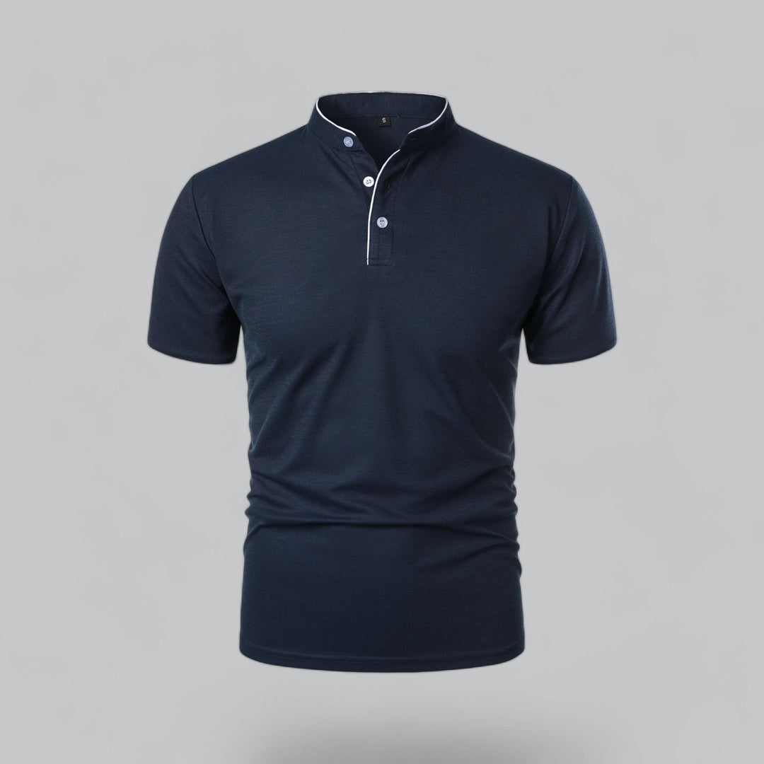 Everyday men's summer top: short sleeve, collarless design, with a sleek mandarin collar.