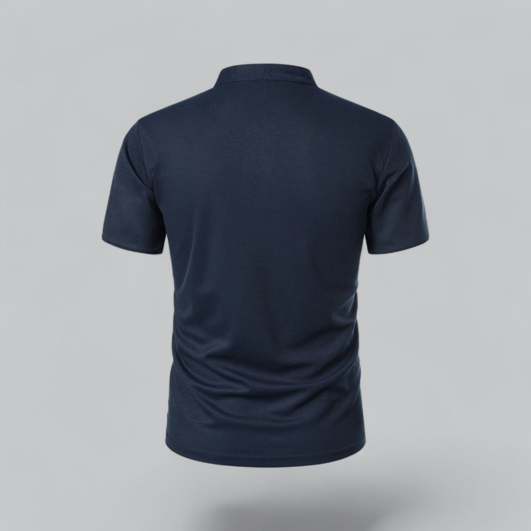 Cool men's casual short sleeve polo, collarless, offering a fresh look with mandarin trim.