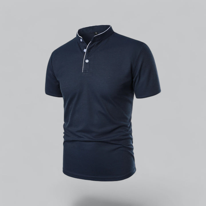 Men's stylish collarless polo shirt, mandarin trim, short sleeve, regular fit.