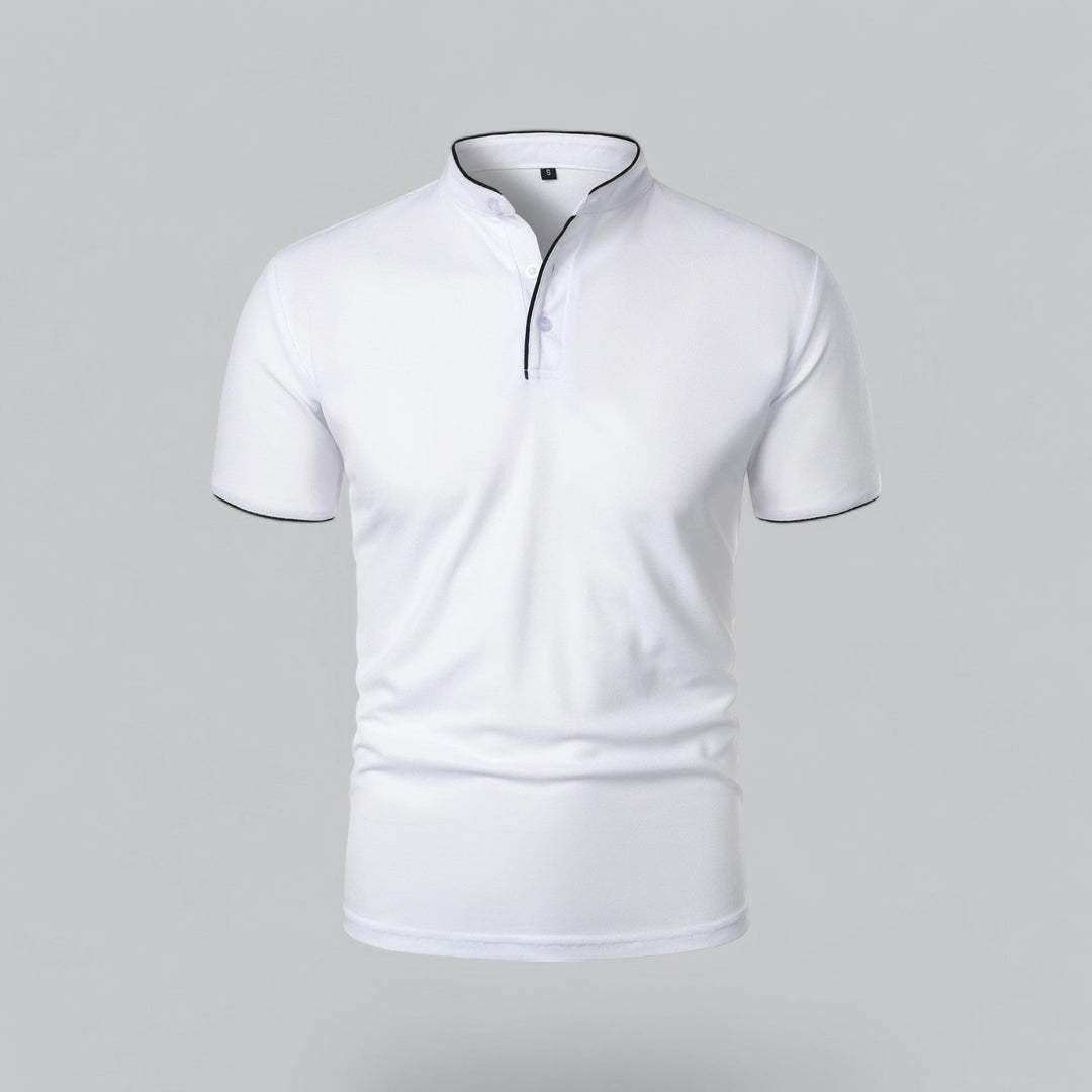 Casual men's summer polo, collarless, short sleeve, with unique mandarin collar detail.