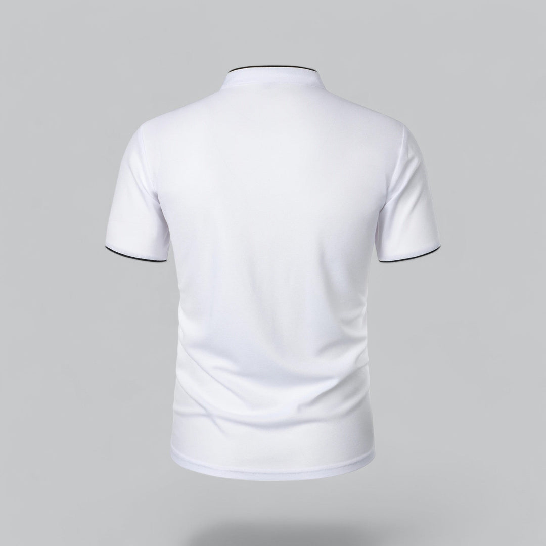 Modern men's fashion polo, collarless, mandarin trim, everyday short sleeve top.