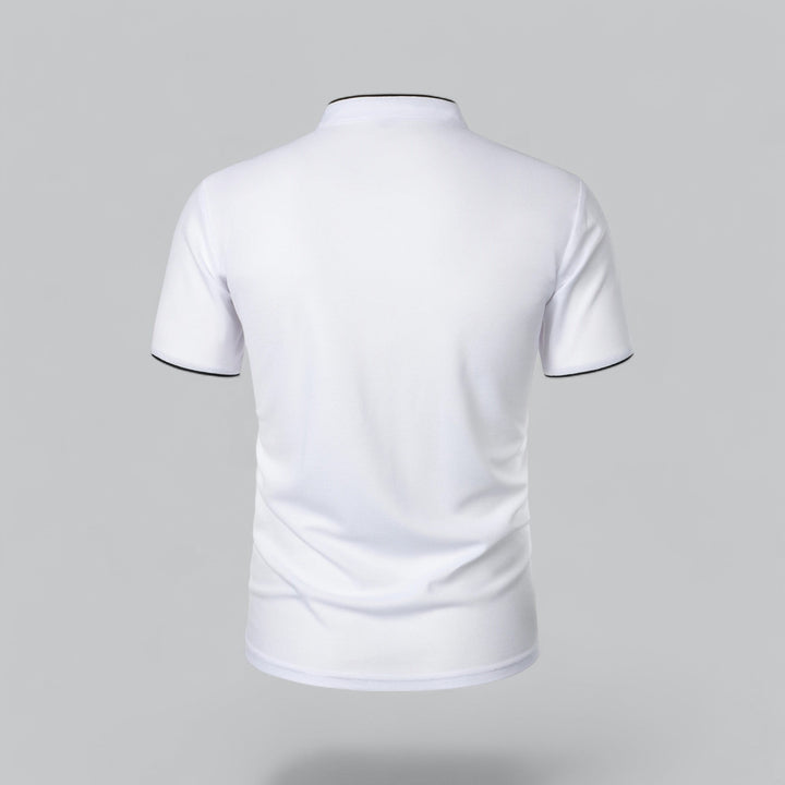Modern men's fashion polo, collarless, mandarin trim, everyday short sleeve top.