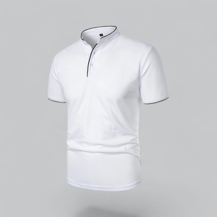 Stylish men's collarless polo, short sleeve, mandarin trim, comfortable regular fit.
