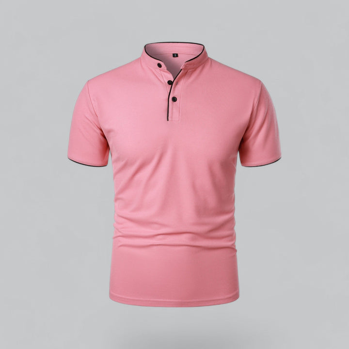 Versatile men's summer polo, collarless design with elegant mandarin trim.