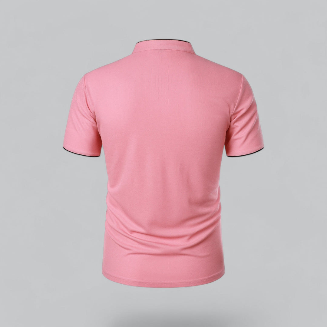 Men's everyday collarless polo, short sleeve, mandarin trim, perfect for casual style.