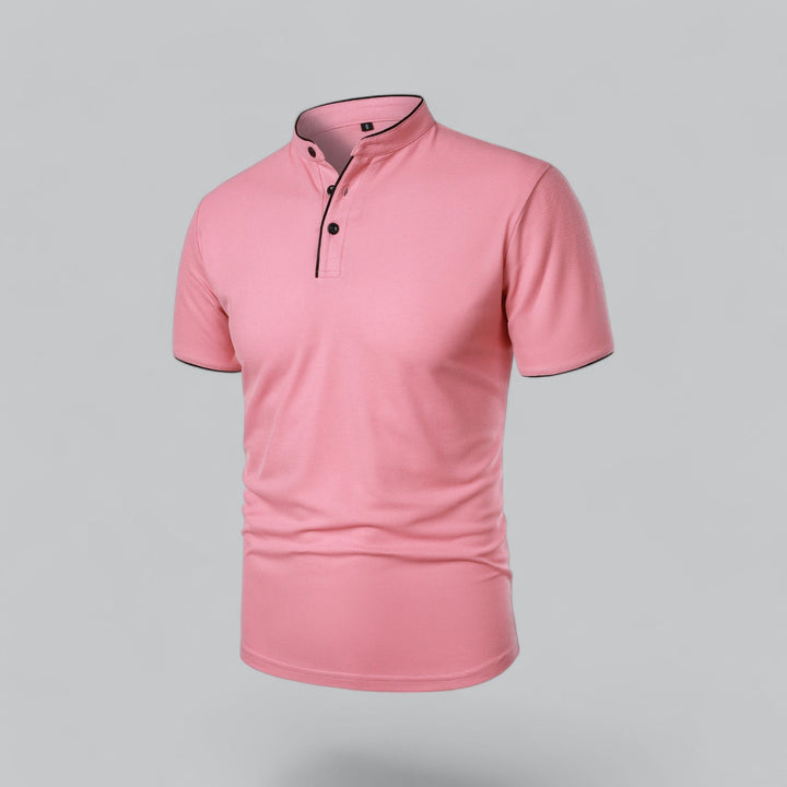 Regular fit men's collarless polo shirt, short sleeve, distinctive mandarin trim.