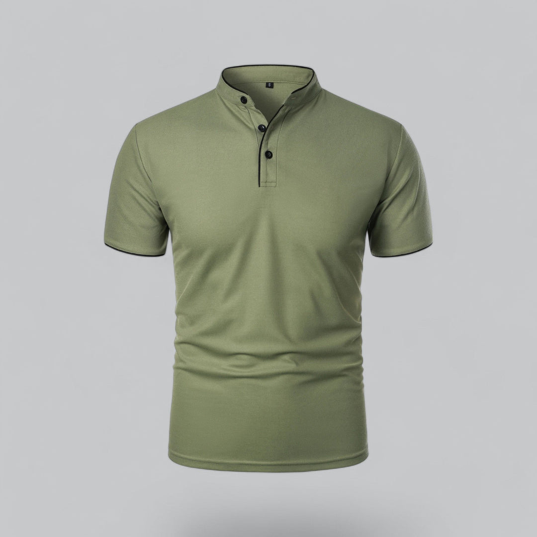 Men's casual summer top, collarless, short sleeve, stylish mandarin trim.