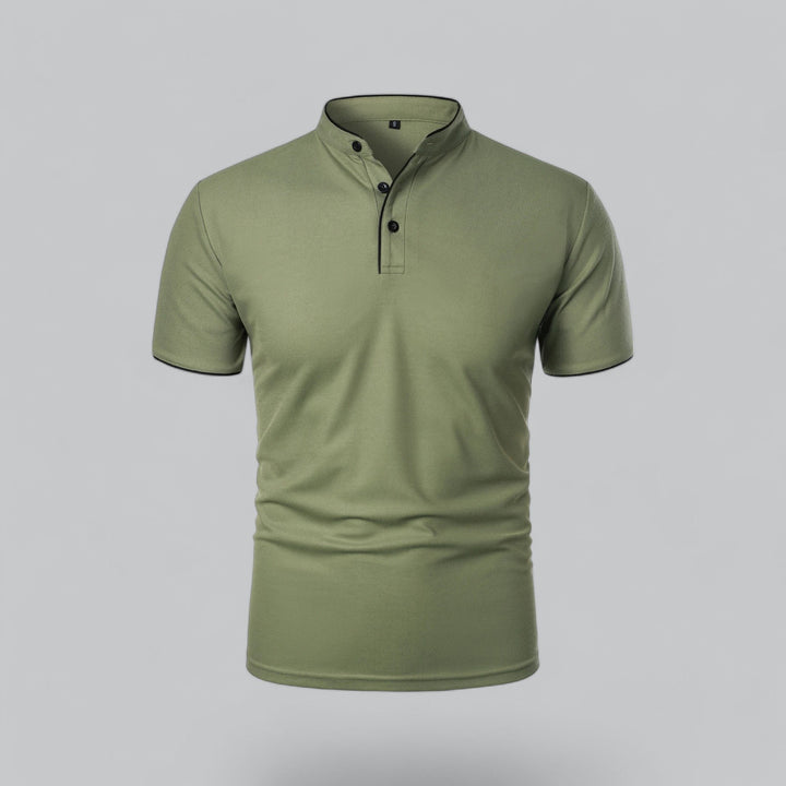 Men's casual summer top, collarless, short sleeve, stylish mandarin trim.