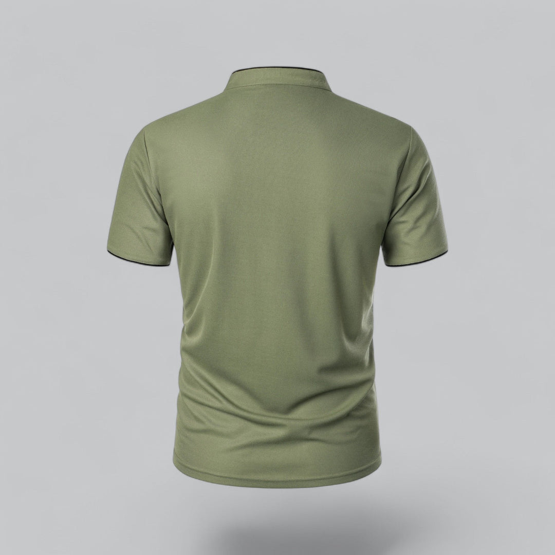 Fashionable men's polo, collarless, mandarin trim, short sleeve for warm weather.