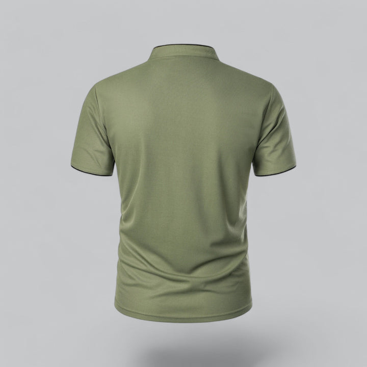 Fashionable men's polo, collarless, mandarin trim, short sleeve for warm weather.