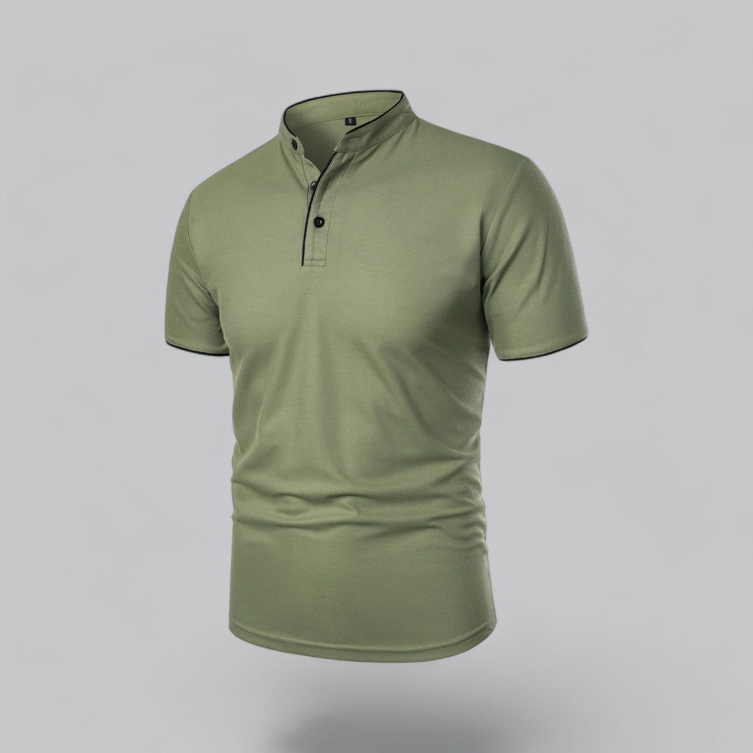 Stylish men's short sleeve collarless polo with elegant mandarin trim.