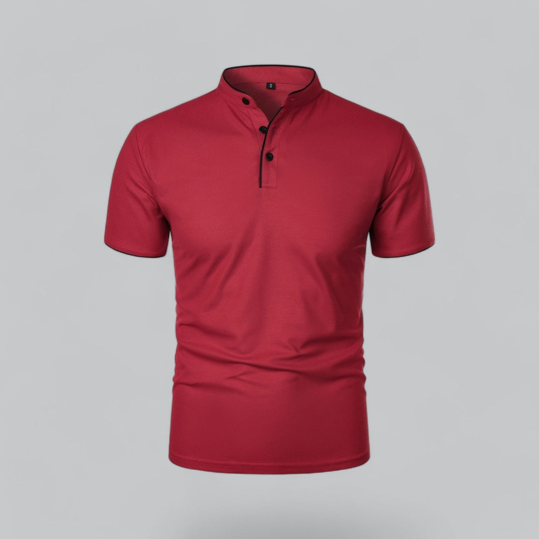 Men's everyday collarless polo with a refined mandarin trim, perfect for casual wear.