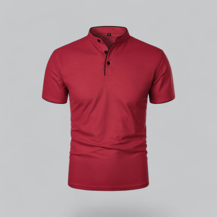Men's everyday collarless polo with a refined mandarin trim, perfect for casual wear.