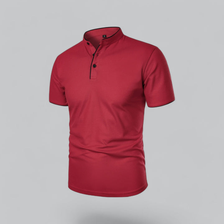 Smart casual men's collarless polo top, short sleeve, mandarin trim, for stylish comfort.