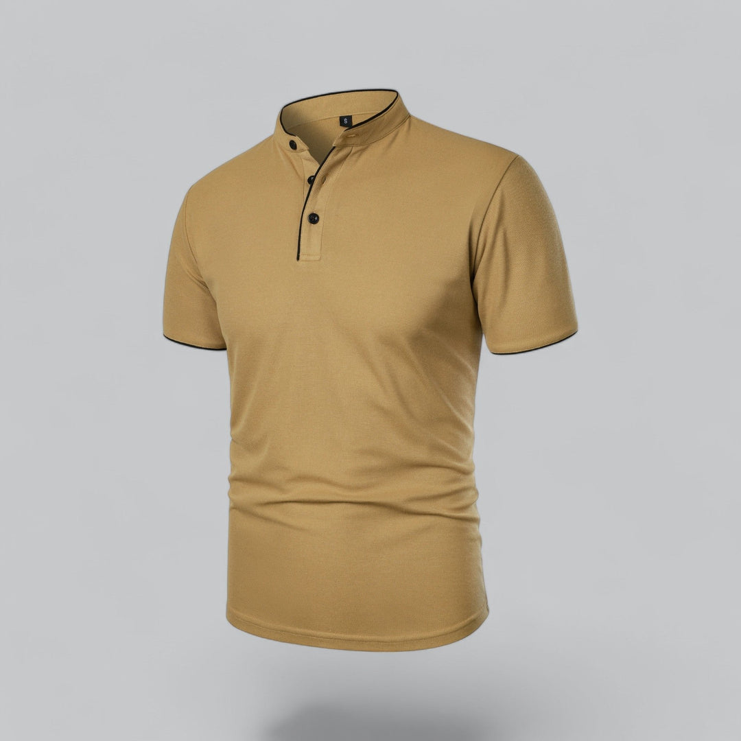Men's summer short sleeve polo, collarless, featuring a sophisticated mandarin trim.