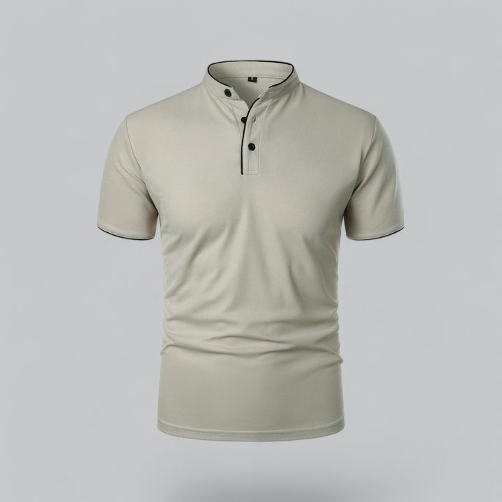 Modern men's collarless polo, regular fit, with a distinctive mandarin collar accent.