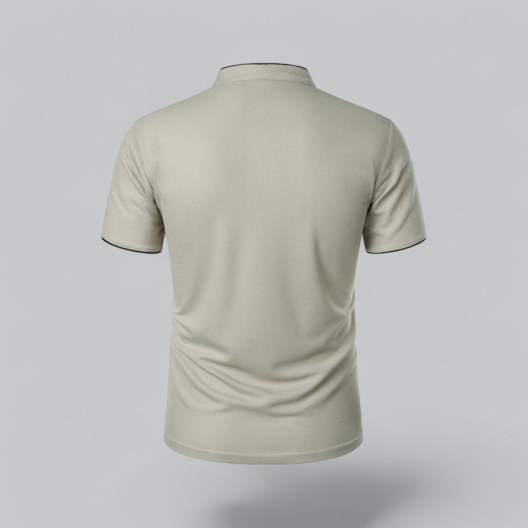 Everyday men's shirt, short sleeve, collarless, showcasing a refined mandarin trim.