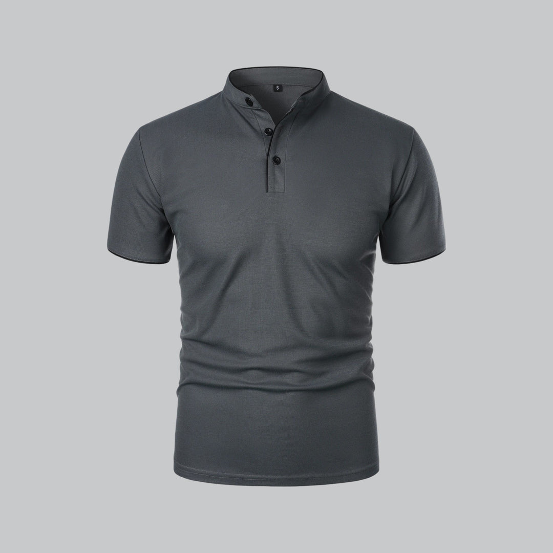 Stylish men's short sleeve polo, collarless with a smart mandarin trim.