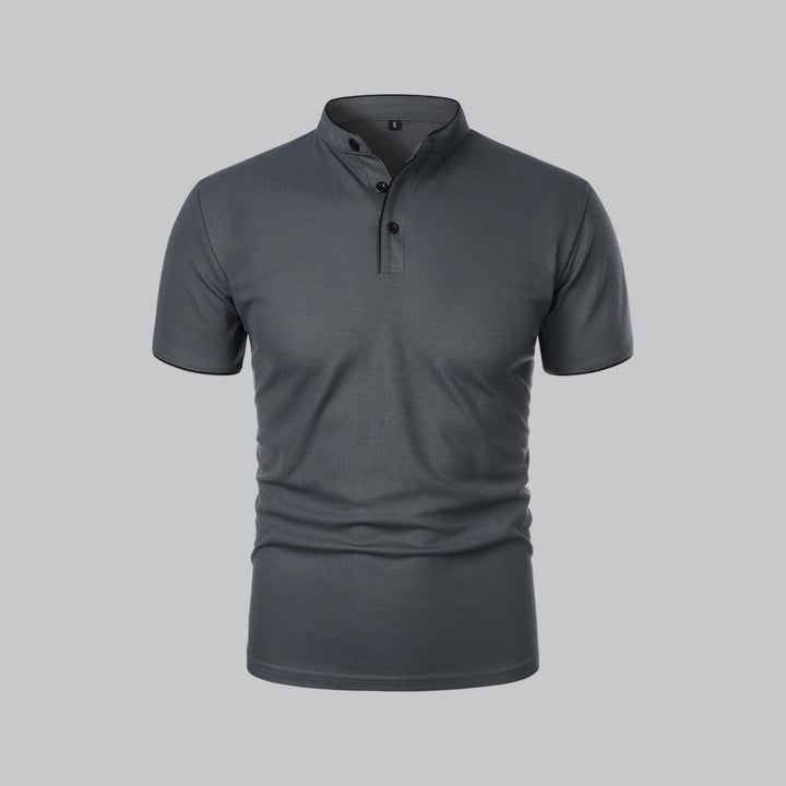 Stylish men's short sleeve polo, collarless with a smart mandarin trim.
