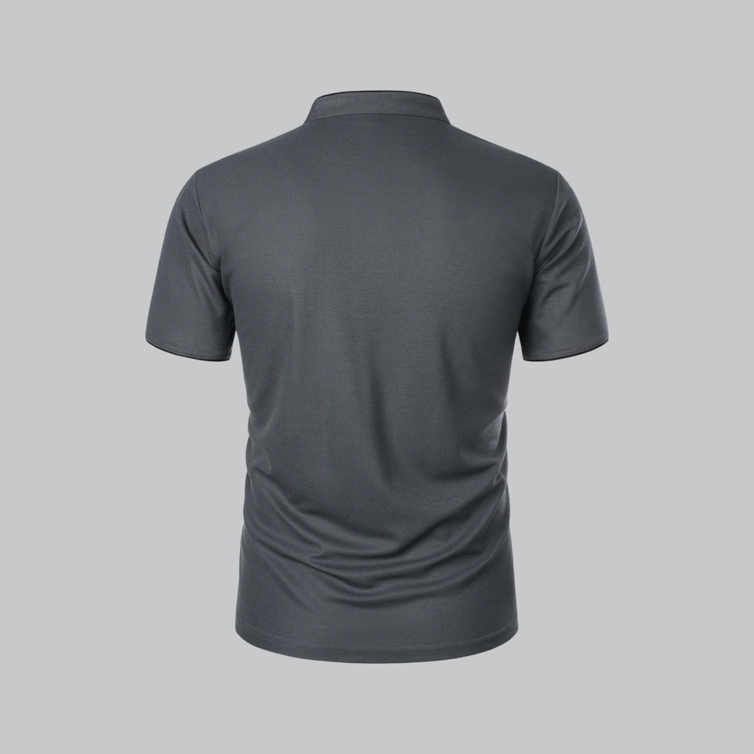 Casual men's wear: collarless polo top, mandarin trim, ideal for everyday fashion.