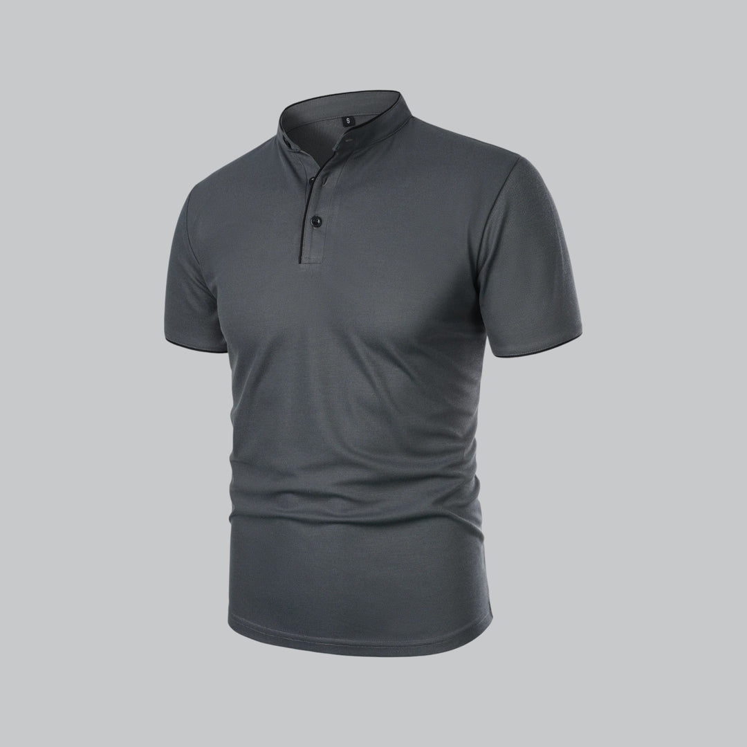 Men's fashion collarless polo with mandarin trim, a versatile summer top.
