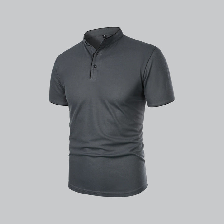 Men's fashion collarless polo with mandarin trim, a versatile summer top.