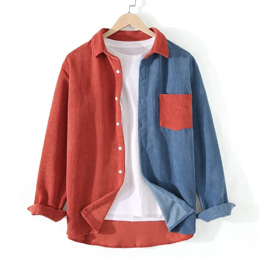 Men's color block button-up shirt in a relaxed fit. Long sleeve casual top for stylish everyday wear.