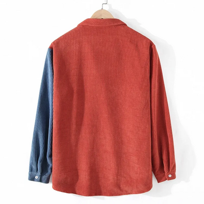 Stylish men's color block button-up shirt. Relaxed fit long sleeve top, perfect for casual layering.