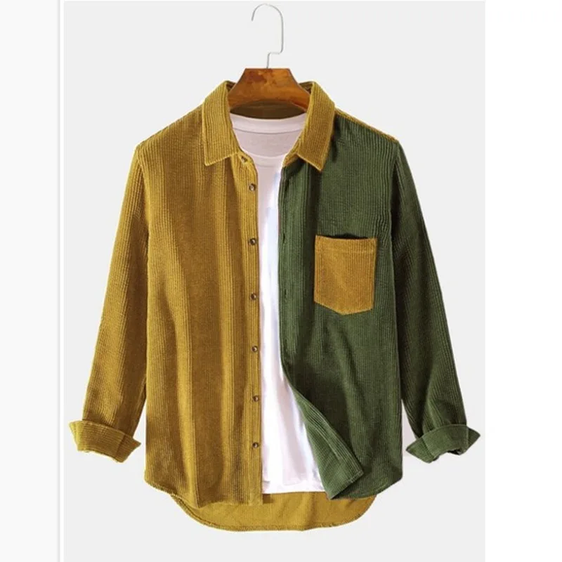 Textured men's color block button-up shirt. Relaxed fit long sleeve for modern casual mens fashion.