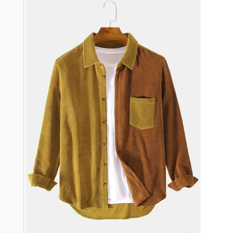 Vibrant color block men's button-up shirt. Relaxed fit long sleeve top, ideal for a casual, comfortable look.