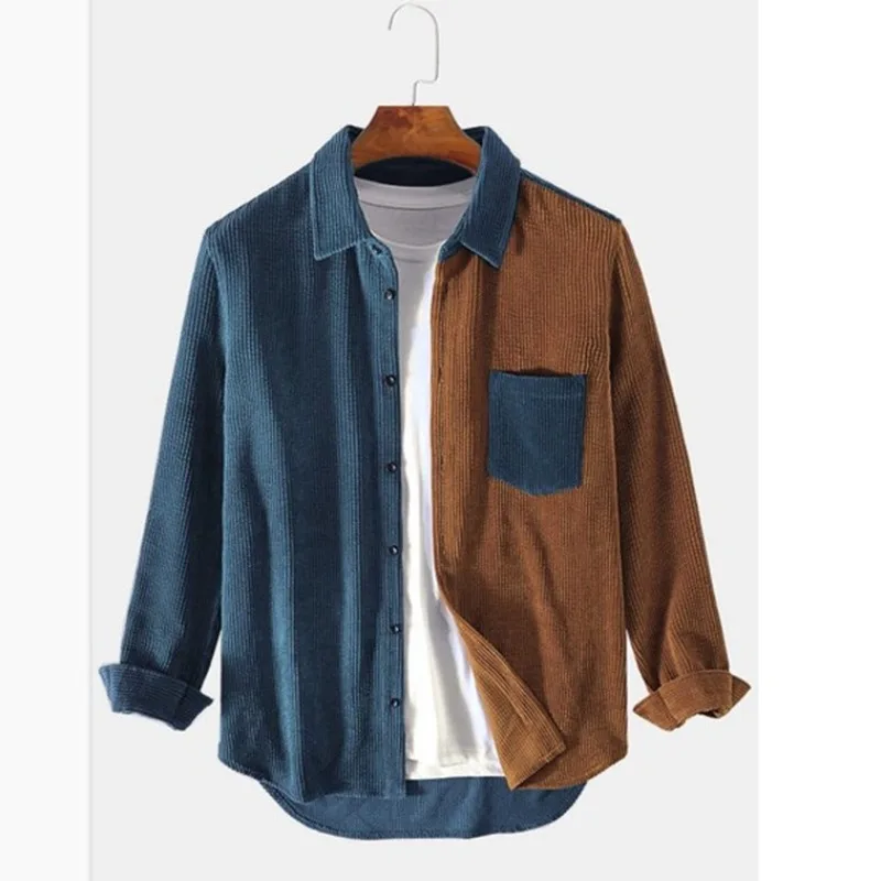 Man wearing a stylish men's color block button-up shirt. Relaxed fit long sleeve top for casual fashion.