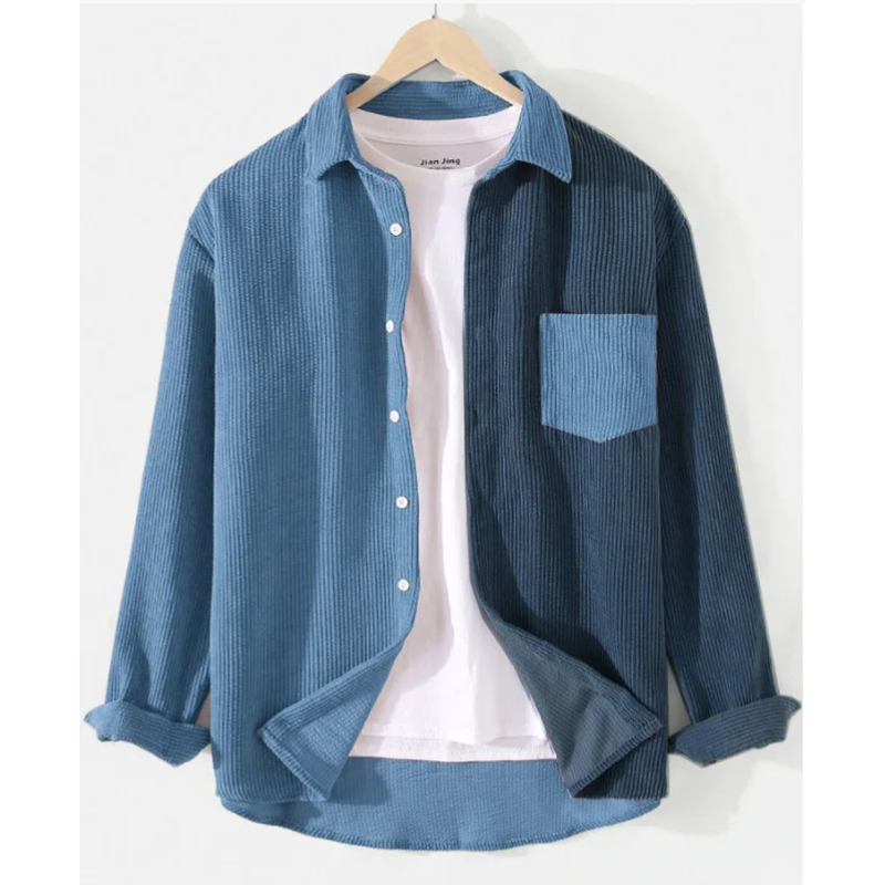 Versatile men's color block button-up shirt. Relaxed fit, long sleeve casual top suitable for various styles.