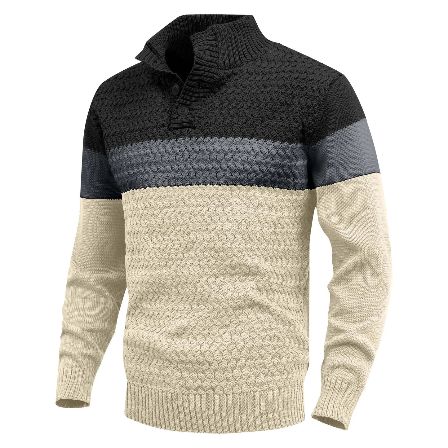 Comfortable men's knit pullover sweater with crew neck & color block design. Versatile long sleeve menswear.