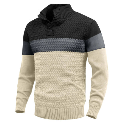 Comfortable men's knit pullover sweater with crew neck & color block design. Versatile long sleeve menswear.