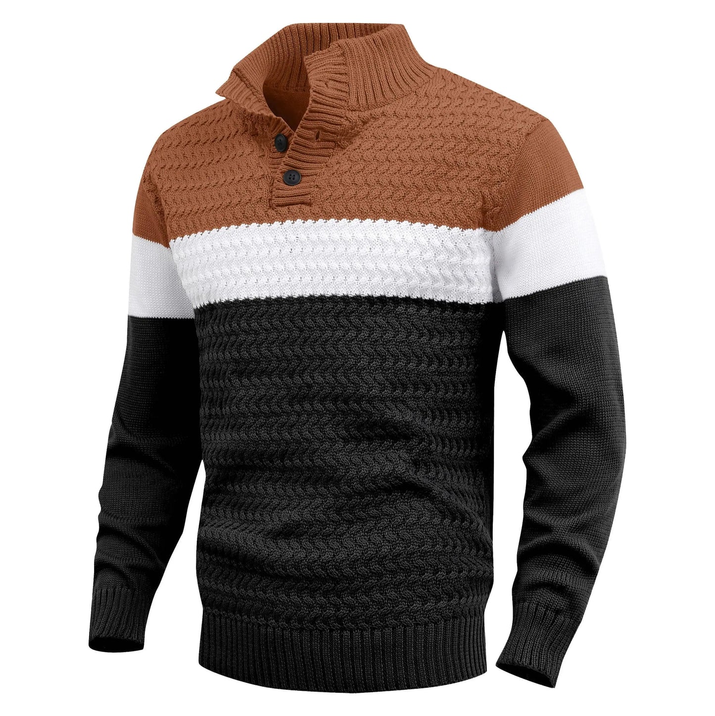Man wearing a trendy color block knit pullover sweater. Crew neck design for casual and winter style.